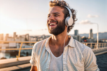 Cheerful young man listening to music with headphones in the city