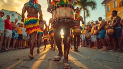 Tambourines being played within the roads amid a samba execution at the Brazilian road carnival