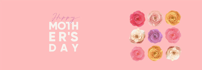 Happy Mother's Day. Minimalism. Vector modern cute minimalistic floral illustrations of peony, rose, logo for greeting card,  pink
background, invitation or banner - 790918584