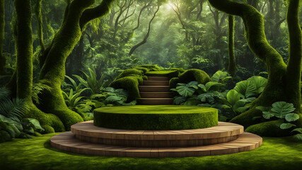 Podium with textured moss. tropical forest, subtle sunlight filtering through a canopy of lush green foliage. empty nature stage for eco products mockup platforms. Green moss covered top table
