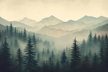 Gartenposter Misty Mountain Fir Forest Landscape, Foggy Forest Landscape, Foggy Mountain Forest Wallpaper, Mountains Forest Covered in Fog, Mysterious Forest Background, Fog Forest, AI Generative © Forhadx5
