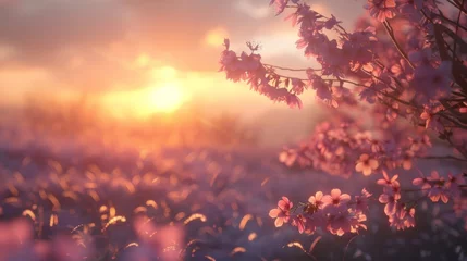 Zelfklevend Fotobehang beauty pink flower background with sunset view © Super Shanoom