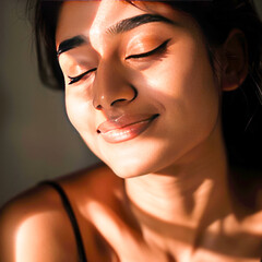 close up of beautiful woman face with sunlight
