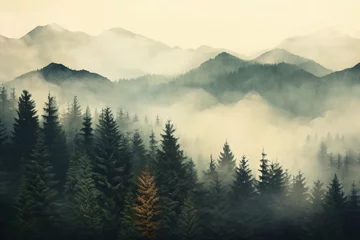 Wandaufkleber Misty Mountain Fir Forest Landscape, Foggy Forest Landscape, Foggy Mountain Forest Wallpaper, Mountains Forest Covered in Fog, Mysterious Forest Background, Fog Forest, AI Generative © Forhadx5