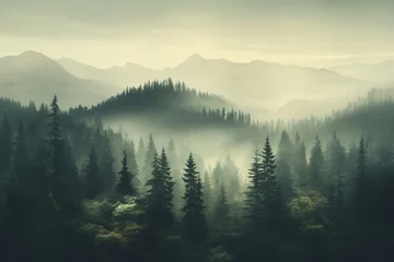 Deurstickers Misty Mountain Fir Forest Landscape, Foggy Forest Landscape, Foggy Mountain Forest Wallpaper, Mountains Forest Covered in Fog, Mysterious Forest Background, Fog Forest, AI Generative © Forhadx5
