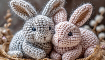Two knitted toy bunnies cuddling, one grey and one pink, sitting together on a soft, cozy surface, against a soft focus background.
