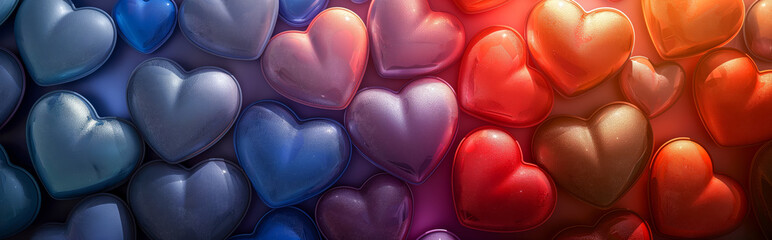 Gradient of heart-shaped objects transitioning from blue to red - obrazy, fototapety, plakaty
