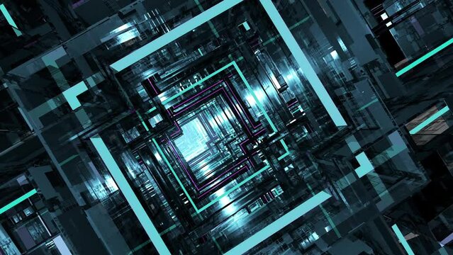 Hi Tech Digital Technology Tunnel.Seamless loop high-tech 3D animation for VJ editors, motion designers, visual projections of concert, fashion shows, stage designs, parties, presentations.