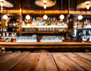 Wood table on blur of ligour bar cafe, coffee shop, bar, background - for display or montage your...