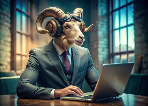 Business Concept. Hyperrealistic animal character Baran, adult, in business suit, working at laptop. Characters of businessmen. Allegorical concept in business