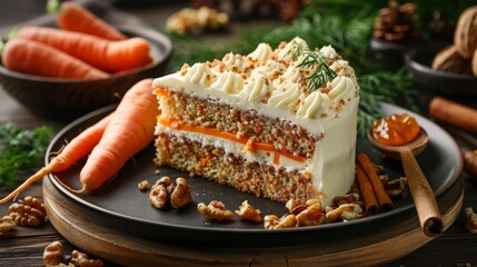   A carrot cake rests atop a plate, accompanied by a bowl of shredded carrots and a separate bowl of walnuts
