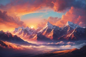 Poster Sunset Sky Mountain Range Landscape, Sunset Mountain Wallpaper, Sunset Mountains Background, Sunset Mountain Scenery, AI Generative © Forhadx5