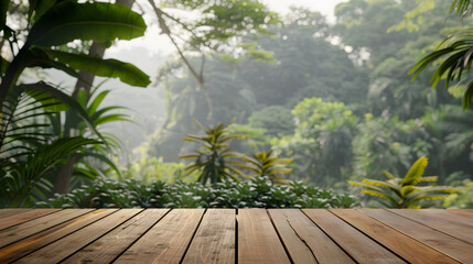 Obraz premium an empty sleek wooden surface set against the soft blur jungle background