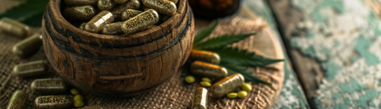CBD oil and capsules wooden bowl with buds