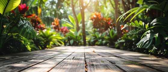 Jungle plants on wooden deck lush greenery