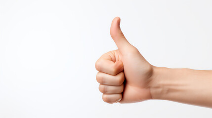 Closeup of a realistic human hand showing a thumbs up, isolated on a pure white background, ideal for use in customer satisfaction and service quality promotions