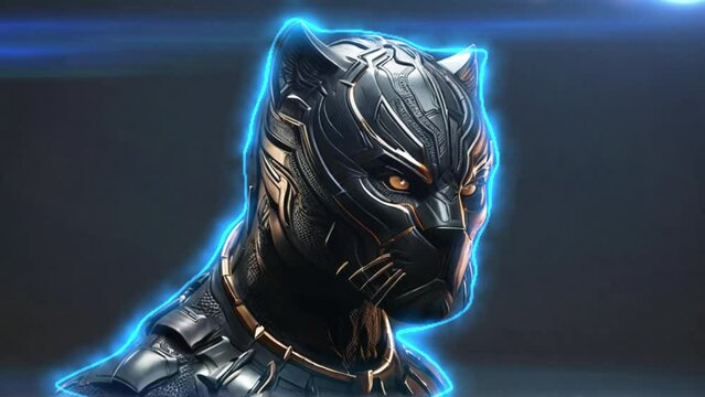 Realistic black panther robot, robot animation video with panther animal with blue aura effect