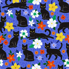 Bright seamless pattern with cute black cats and flowers. Vector graphics.