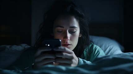 Woman Addicted to Phone: Sleepy Exhausted Female

