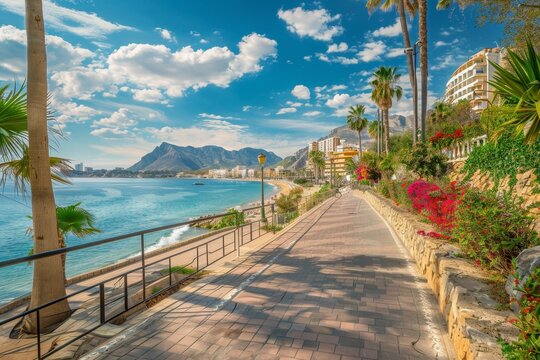 Beautiful albir town with promenade, beach and mediterranean sea view in alicante, spain