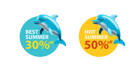 Label sticker for promotional summer offers, dolphin, sun, 3D. Round element for hot summer offers, buy with discount, Vector
