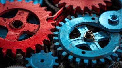 Interlocking red and blue gears symbolizing collaboration and mechanics