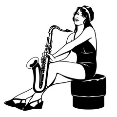 Pinup girl with saxophone sitting on a ottoman. Saxophonist woman. Black and white vector clipart isolated on white.