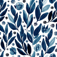 Watercolor floral in dark blue. Seamless pattern.  - 790922933