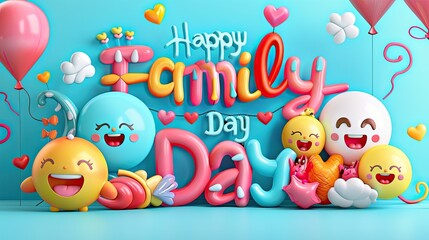 Obraz premium Festive 3D card depicting a Happy Family Day greeting with colorful balloons in a creative and artistic cartoon style