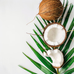 coconut with leaf on white background