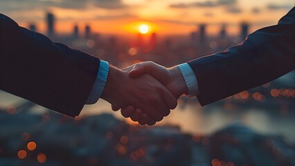 Handshake at Dusk: Sealing Deals with a Sunset Backdrop.. Concept Business Partnerships, Handshake Rituals, Sunset Negotiations