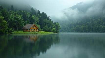   House on lakeshore in forested area Foggy sky backdrop