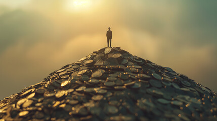 Dramatic image of a man's silhouette standing on a mountain of coins, backlit by a sunset sky - obrazy, fototapety, plakaty