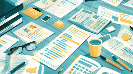 An illustration of various retirement planning documents and tools spread out on a table, including calculators and charts