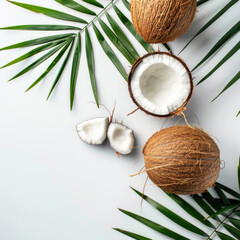 coconut with leaf on white background