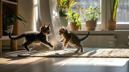Two young kittens engaging in playful behavior on the floor, chasing each other and batting at one...