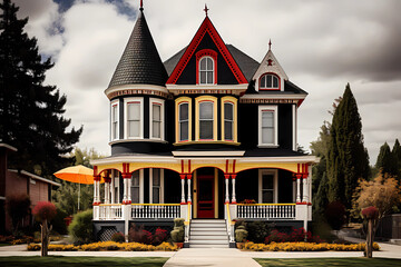 Victorian Stick Style House (Color Pop) - Originated in the United States in the late 19th century, characterized by a wood-frame construction with decorative woodwork 