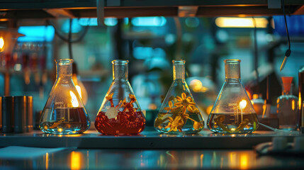 A row of transparent glass flasks filled with colorful liquids standing on a shelf in a laboratory setting