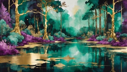 Majestic motif, Emerald green and rich plum alcohol ink with golden paint flecks, conjuring the image of a lush forest reflected in a tranquil pond with marble patterns.