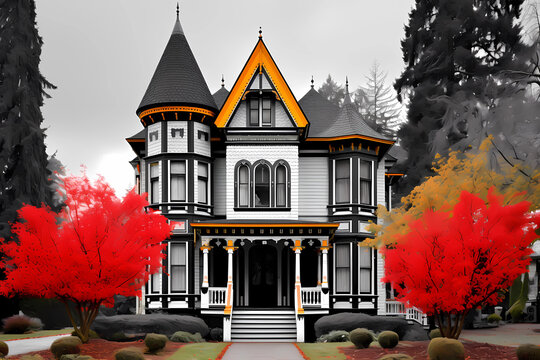 Victorian Style House (Color Pop) - Originated in the mid to late 19th century in England, ornate style with asymmetrical shapes, intricate details, and steep roofs