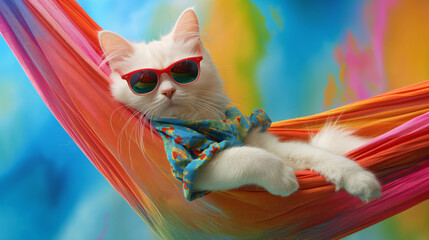 An adorable kitten's white paw dangles playfully from a brightly colored hammock, suggesting...