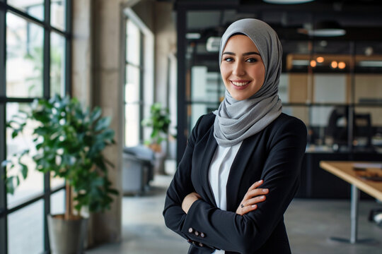 Standing in office, smiling, looking at the camera crossed her arms. Successful portrait of young beautiful confident Asian Muslim business woman in hijab. Digital Entrepreneur Works on e-Commerce