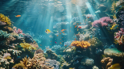 An underwater view showcasing a colorful and diverse coral reef teeming with marine life, including various species of fish, anemones, and sea sponges