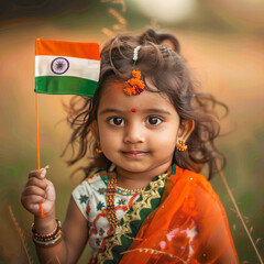 indian little girl waving tricolor flag