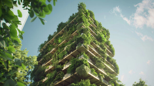 A tall building covered in numerous plants thriving on its facade, creating a green oasis in an urban setting