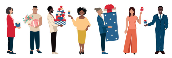 Happy men and women with gifts in their hands. A set of vector illustrations of friendly men in a simple style. Shopping, sale and holiday greetings.