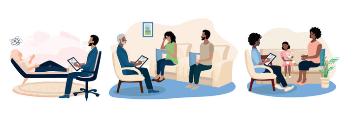 People of different ages and races at a therapeutic session in a psychologist's office. Consulting, training, problem solving and psychological assistance. Vector set illustration in flat style. - 790925173