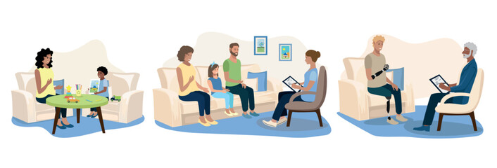 People of different ages and races at a therapeutic session in a psychologist's office. Consulting, training, problem solving and psychological assistance. Vector set illustration in flat style. - 790925174