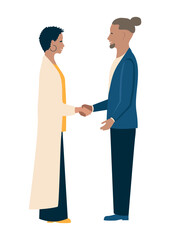 Friendly or business handshake. Friendly people shaking hands. People greet each other, make a deal, cooperate. Vector illustration in flat style on white background.