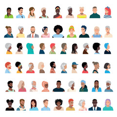 Portraits of happy men and women of different ages and races. Diversity of images and expressions of older and younger people. Big vector set of character faces in flat style on a white background.